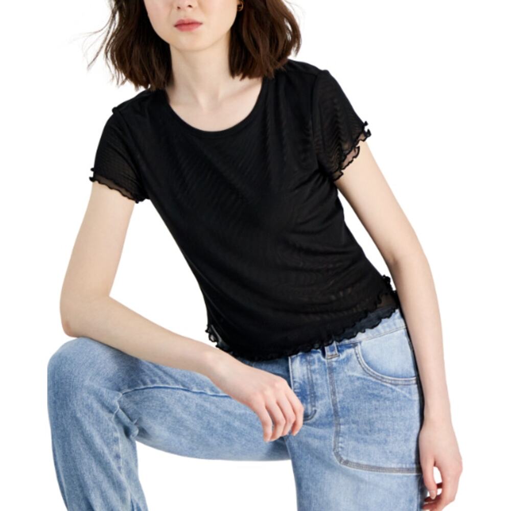NEW Madden Girl Black Double Mesh Ruffle Top XS Sheer Short Sleeve Baby Tee NWT